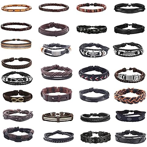 KALVICA 29PCS Braided Leather Bracelets for Men Women Adjustable Vintage Rope Wrap Wristbands Bracelet Set Men Ethnic Tribal Bracelets Black Brown Cover