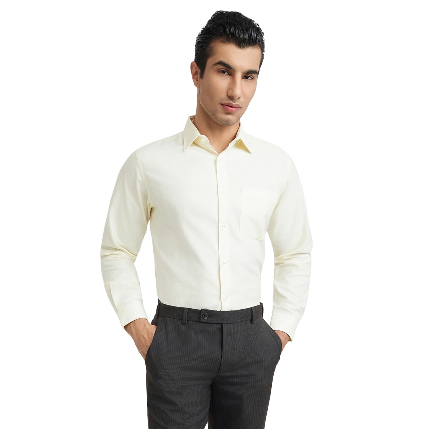 raymond Men's Slim Fit Solid Pattern Pure Cotton Semi Cutaway Collar Full Sleeve Formal Shirt-picture-20