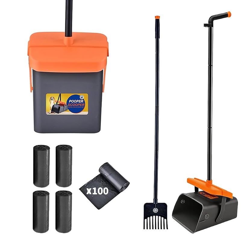 Pá Coletora de Fezes para Cães WuzoClean com Cabo Longo, Ancinho, Suporte para Sacos e 100 Sacos Cinza e Laranja