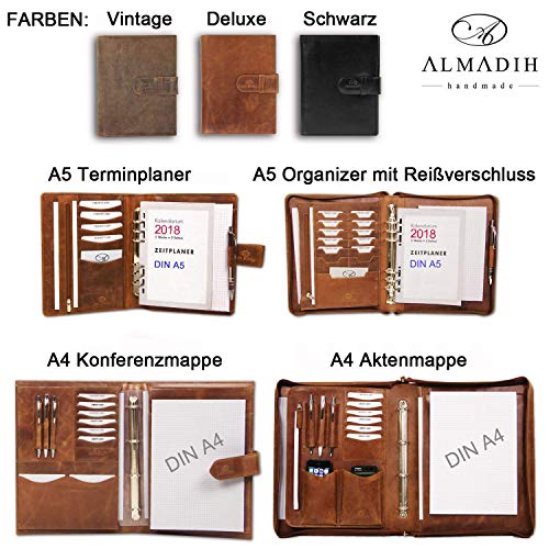 ALMADIH Leren organizer A5 met ringmechanisme, ritssluiting + kalender 2017, van rundleer, leren map, schrijfmap… - Image 8