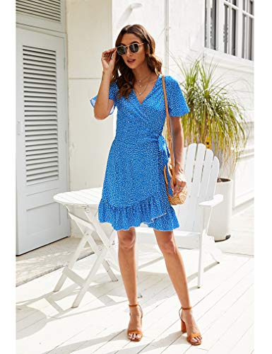 Naggoo Women V Neck Short Sleeve Polka Dot Floral A-Line Tie Belt Short Dress With Ruffle Hem (S, Blue) #TOP2