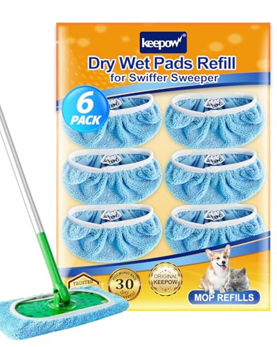KEEPOW Reusable Dry Sweeping Cloths Microfiber Wet Pads Refill Compatible with Swiffer Sweeper Mop, Machine Washable Sweeping Mop Pads for Use on All Floors - Stone, Hardwood, Laminate & Tile (6 Blue)
