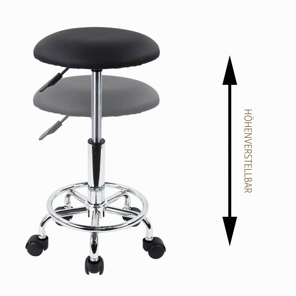 KKTONER Rollhocker Arbeitshocker mit Fußstütze PU Leder Rund Gepolstert 360° drehbar Bürohocker höhenverstellbar 49-64cm Schwarz