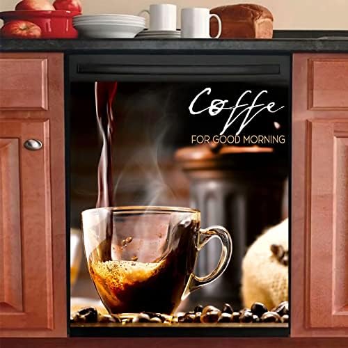 Yoso Coffee Refrigerator Door Panel Decal Morning Dishwasher Magnets Decorative Cover Cups Bean Sticker Kitchen Decor Black Magnetic Cover, 23x26inch( )