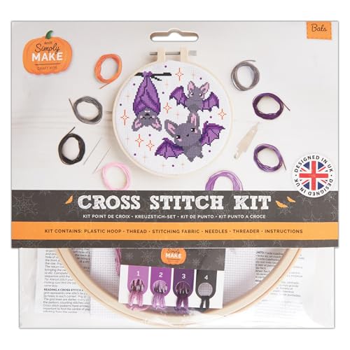 Simply MAKE Cross Stitch Kit Bat Design, Halloween, Hoop, Embroidery Thread, Fabric & Needle, Perfect for Beginners, Starter Cross Stitch Craft Kit, Great Gifts, Craft Hobbyists, Halloween Home Décor