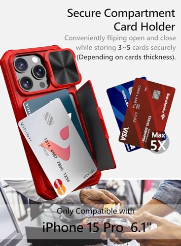 Image of Vihibii PC For iPhone 15 Pro Wallet Case With Card Holder(4 Cards)&Slide Camera Cover&Kickstand&Raised Edges Protective Screen,Shockproof Rugged Back Cover For iPhone 15 Pro 5G 6.1 inch 2023,Red