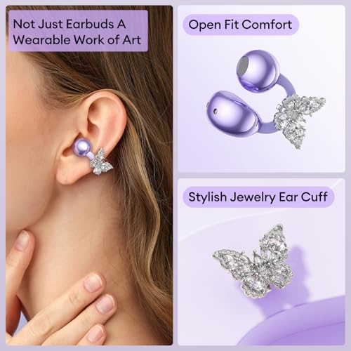 Image of PAXA Stylish Open Ear Clip On Earbuds with Removable Butterfly Earring, Clip On Headphones with LCD Touch Screen, Fashionables Open Ear Headphones for Women, Butterfly Earring Purple Earbuds