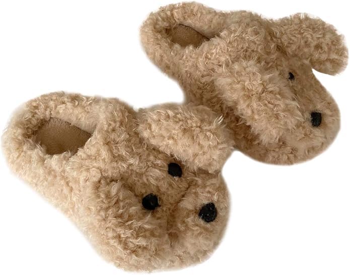 Plush Cute Indoor/Outdoor Slippers - Teddy Dog Style, Non-Slip Sole, Washable - Girls' Spring/Autumn/Winter (Khaki, Size 5-6.5)