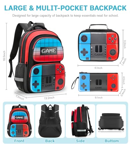 Image of Boys Backpack for School, 3-in-1 Gaming Backpack Set with Lunch Bag & Pencil Case, Large Capacity School Bookbag Fits 15.6 inch Laptop, Lightweight Gamer Backpack for Boys Ages 6-14