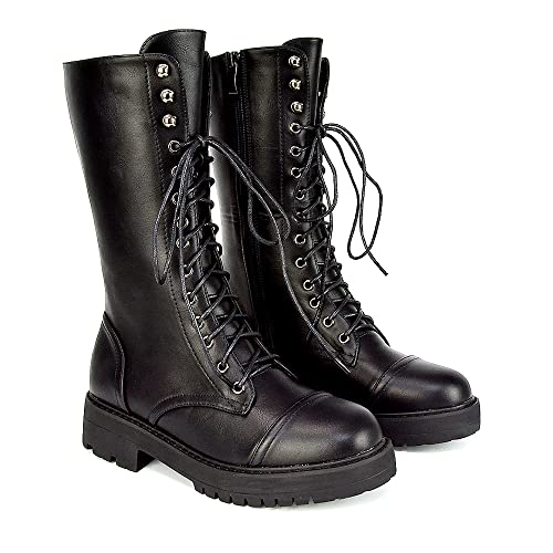 ESSEX GLAM Womens Lace Up Boots Mid Calf Ankle High Ladies Black Synthetic Leather Combat Biker Shoes - Image 4