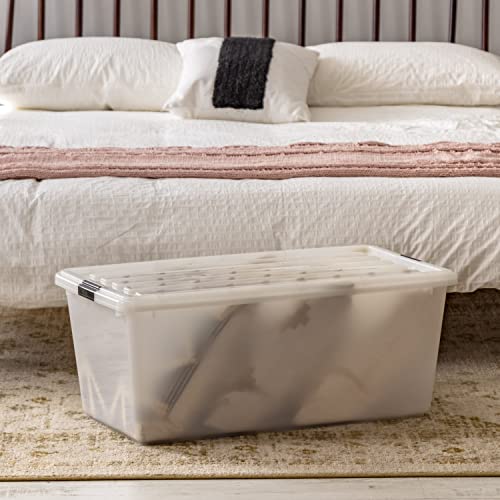 Image of IRIS USA 91 Qt Stackable Plastic Storage Bins with Lids, 4 Pack - BPA-Free, Discreet Organizing Solution, Latches, Durable Nestable Containers, Secure Pull Handle, Made in USA - Pearl