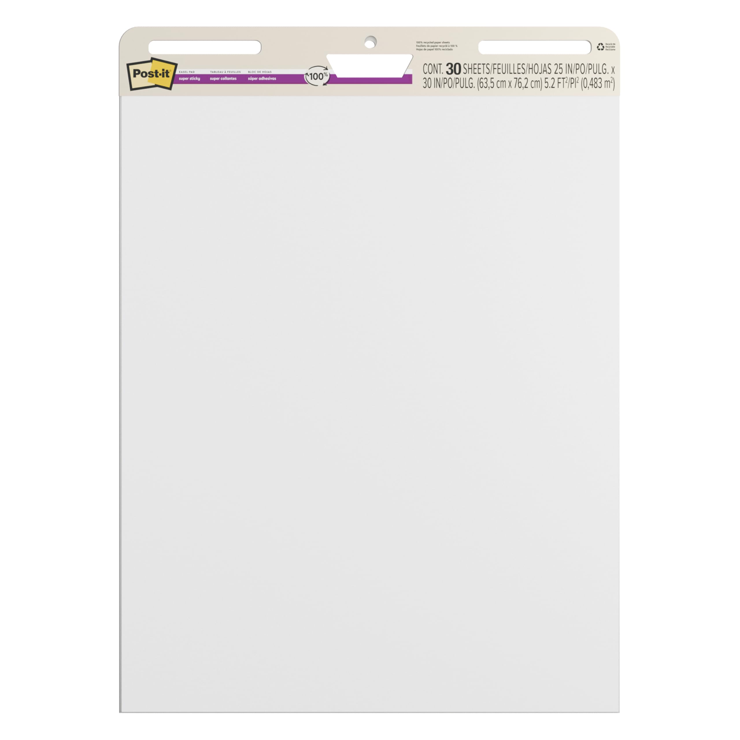 Post-it Super Sticky Meeting Charts, 100% Recycled Paper, White, 63.5 x 76.2 cm, 30 Sheets/Pad, 2 Pads/Pack, 100% PEFC, SGSCH-PEFC-COC-110078