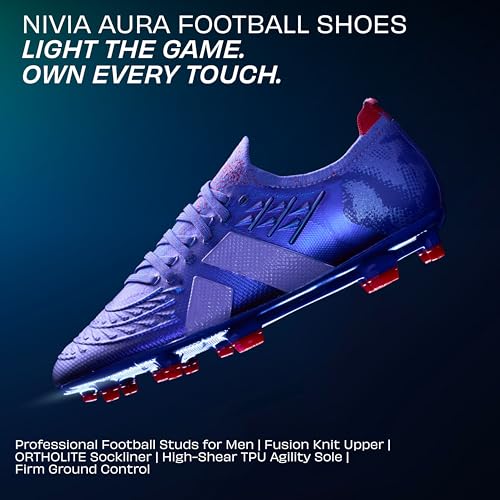 Image of Nivia Aura Football Shoes for Men, Fusion Knit TPU Upper with 3D Texture, Ortholite Sockliner, High Shear TPU Stud Sole for Firm Ground Control and Agility