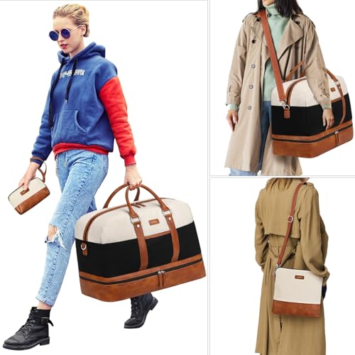 Image of Weekender Bag for Women, Large Overnight Bag Canvas Travel Duffel Bag Carry On Tote with Shoe Compartment 21 inch 3Pcs Set, A11-brown+beige+black, Large, Casual Travel