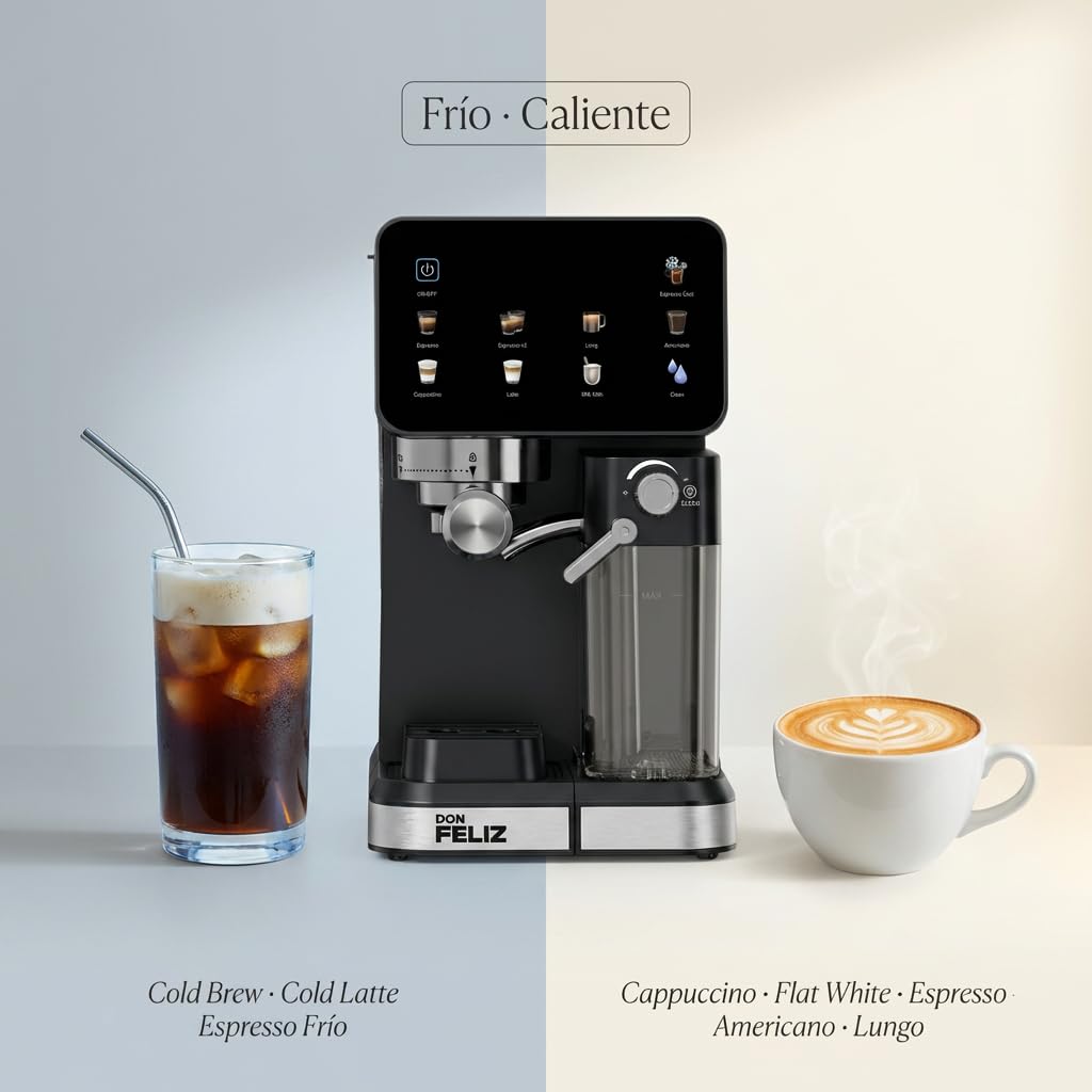 Don Feliz Cafetera Espresso Semiautomática 20 Bar 1350W con Pantalla LCD, Depósito de Leche 500ml, Depósito de Agua 1.5L, Compatible con Nespresso, Cappuccino, Americano, Autolimpieza