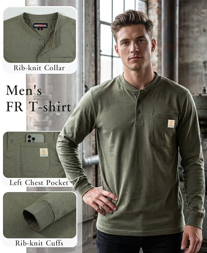 Image of BOCOMAL FR Shirts Flame Resistant Shirt 5.5oz 100% Cotton Light Weight CAT2 Fire Retardant Henley Shirts