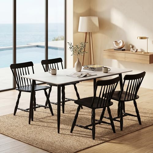 Image of COSTWAY Windsor Chairs Set of 4, Armless Solid Wood Dining Chairs with Spindle Backs, Mid-Century Modern Kitchen Side Chair for Dining Room, Kitchen, Small Space (Black)