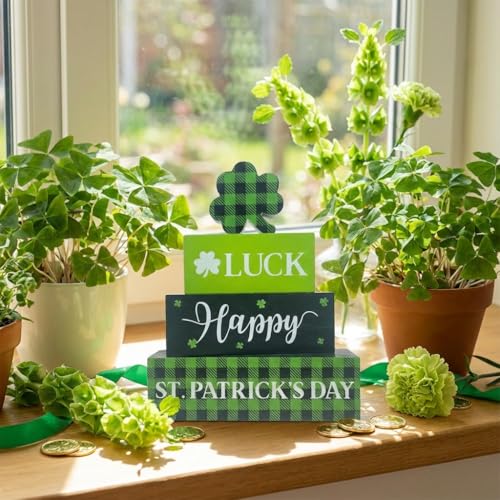 St. Patrick's Day Decorations, 4 Pcs Wooden St. Patrick's Day Table Decorations, Shamrock Tiered Tray Decor, Wooden Table Sign for Desk Shelf Mantel Centerpiece, Indoor Home Decor — view 4