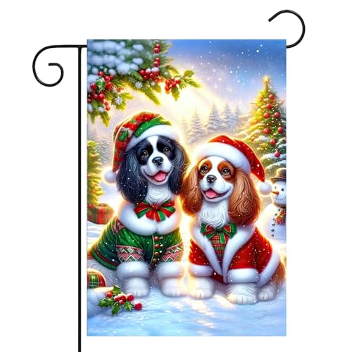 Image of BlissYard Christmas King Charles Dogs Garden Flag 12x18 Inch Polyester | Double sided polyester, Christmas king charles puppies santa hats design, dog lover decor for porch and yard