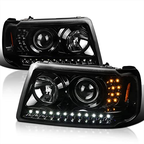Spec-D Tuning Jet Black LED Strip Projector Headlights Corner Lamps Compatible with 2001-2011 Ford Ranger Left + Right Pair Headlamps Assembly