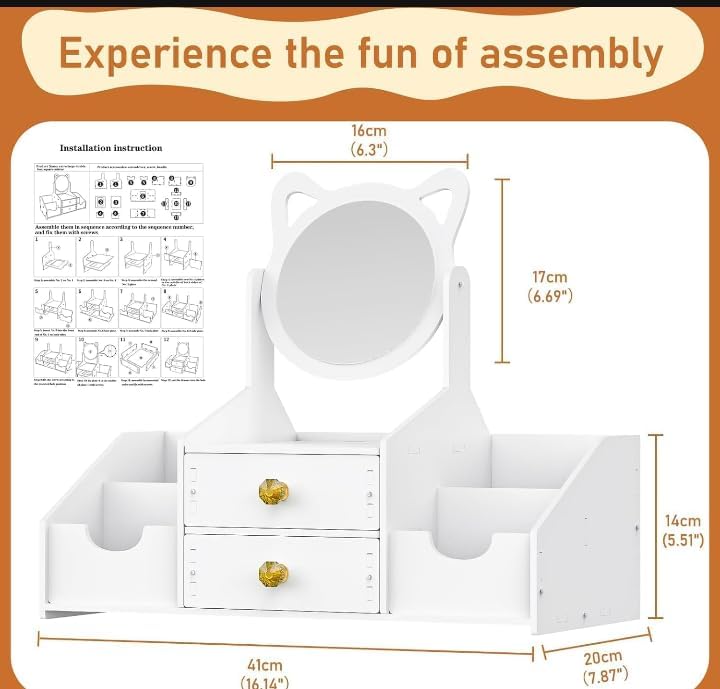 Image of PLUSPOINT Makeup Desk Cosmetic Storage Box DIY-Organizer with Mirror & Drawers for Dressing Table, Vanity Countertop, Bathroom, Stationery, Makeup Organizer for Women and Girls