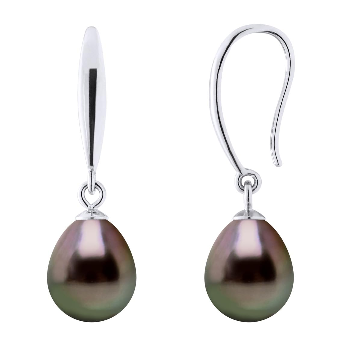 PEARLS & COLORS - Boucles d'Oreilles Véritables Perles de Culture de Tahiti Poires 8-9 mm - Qualité A+ - Argent 925 - Bijou Femme