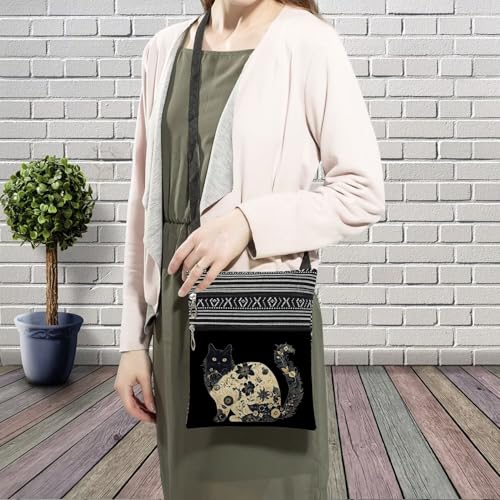 Patchwork Floral Cat Messenger Bag Small Ethnic Pattern Printed Adjustable Strap Crossbody Zipper Bag Patchwork Floral Cat Phone Bag Wallet Cute Shoulder Handbag for Women Friends -43
