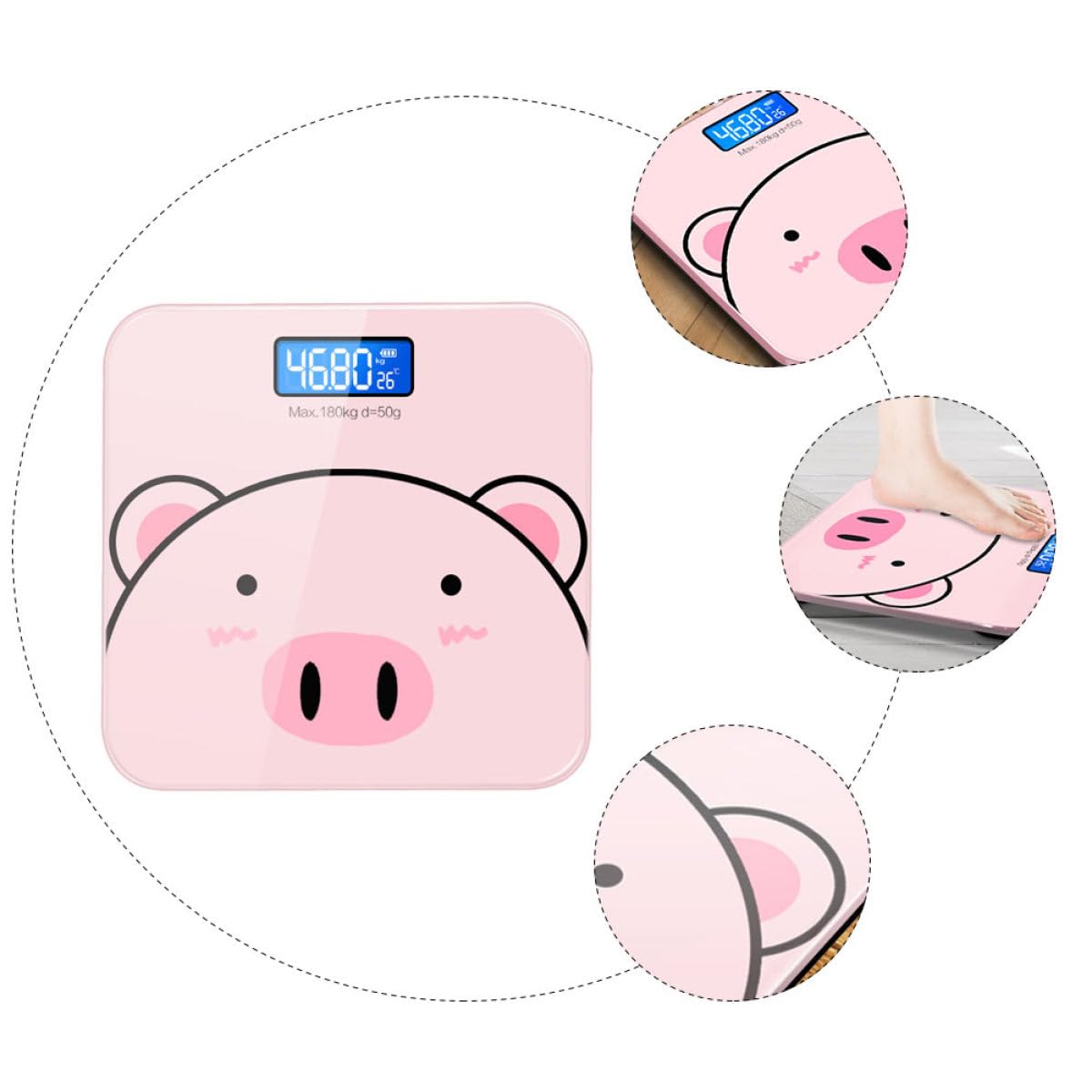 Báscula Electrónica de Peso Corporal Rosa Dibujos Animados | Cristal Templado Precisión de 2 Decimales Pantalla Lcd Nocturna Carga USB Batería