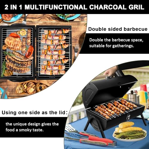 kisidus Holzkohlegrill Klappgrill Tragbarer, Campinggrill Doppel Grillfläche 33.7 x 21.5 cm, Leichter Tischgrill für Outdoor Picknick Camping,Schwarz