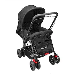 Carrinho de Bebê Prime Baby Berço 2 em 1 Rover com Alça Reversível Encosto Reclinável Cinto 5 Pontos Capota com Visor Até 15kg (Preto)