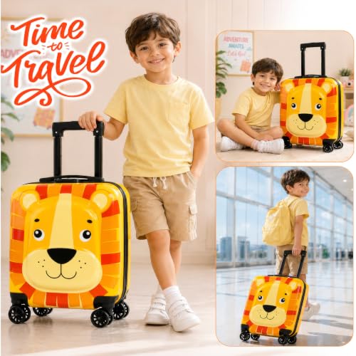 Image of Storite 18In Kids Luggage Trolley Hard Shell Cabin Suitcase | Cartoon Lion Face Design Suitcase Ideal For School Trips Vacations Holidays And Weekend Travel (Yellow - 35 x 23 x 38 Cm)