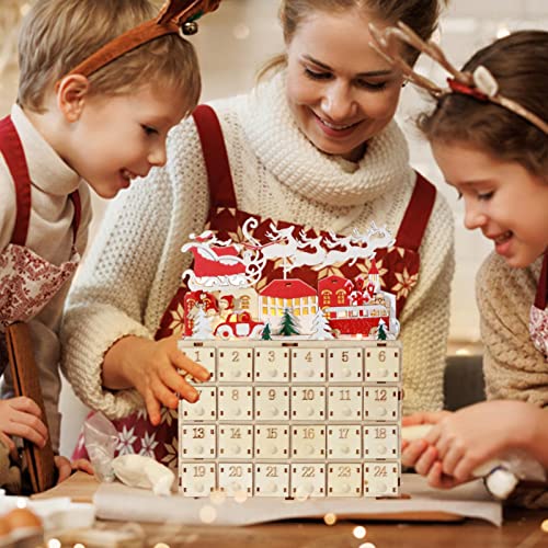 Calendário do Advento de Natal LED com Gavetas,Decoração de Natal com Luz LED a Bateria - 24 dias de