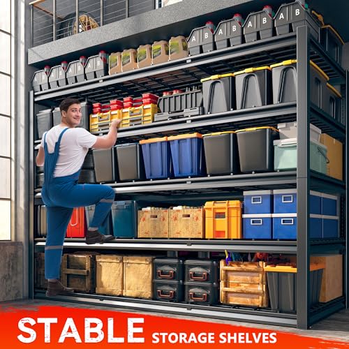 REIBII 60" W Garage Shelving Heavy Duty Metal Shelving 3000LBS Storage Shelves Adjustable Metal Shelves for Storage Industrial 5 Tier Garage Shelves for Warehouse Basement Pantry 60"W x 24"D x 72"H
