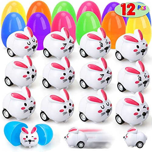 TOY Life Easter Egg Fillers with Bunny Pull Back Car, Plastic Easter Eggs with Toys Inside, 12 Easter Bunny Toy Car, Easter Eggs for Egg Hunts, Easter Basket Stuffers Gift Kid Toddler Boy