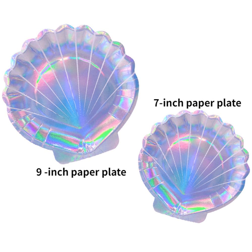 Dulousia Seashell Paper Plates Cups, Mermaid Party Supply, Disposable Glitter Iridescent Ocean World Shell Tableware for Wedding, Bridal Shower, Baby Shower, Dinner, Birthday Party Decorations 48pcs