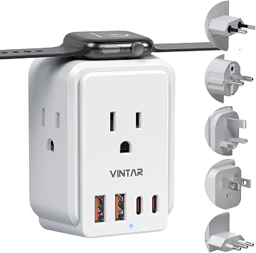 VINTAR European Travel Plug Adapter Kit for Apple Watch, Type A,C,G,E/F,L | 8 in 1 International Power Adapter with 3 Outlets 4 USB Ports2 USB-C, 5 Detachable Plugs for US EU UK Italy France Japan