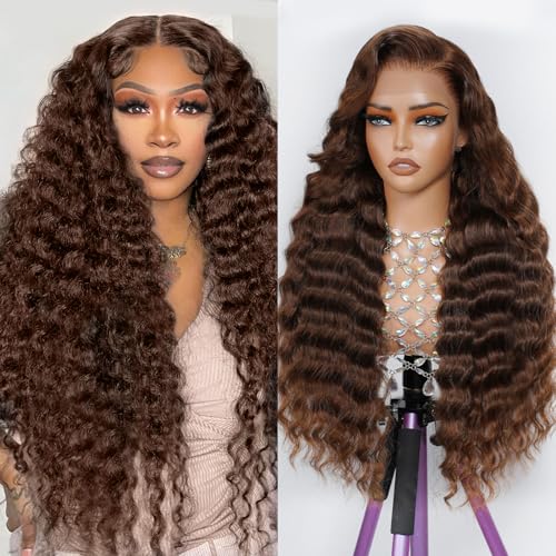 Finsa 28 Inch Chocolate Brown Deep Wave Lace Front Wig Human Hair 13x6 200% Density Hd Lace Front Glueless Wigs Curly Wig Human Hair Pre Plucked With Baby Hair