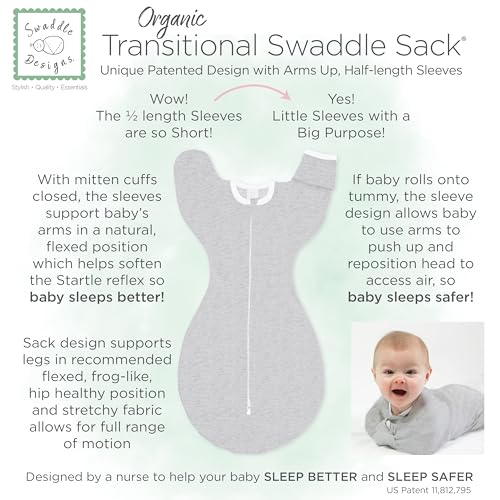 Image of SwaddleDesigns Organic Transitional Swaddle Sack, Arms Up Half-Length Sleeves & Mitten Cuffs, Most Gradual Transition Swaddle