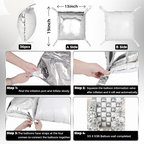 Image of 36pcs White and Silver Square Foil Balloons Wall Backdrop with 147pcs Balloon Garland Arch Kit, Double Sided Balloons for Bachelorette Wedding Birthday Engagement Anniversary Party Decorations