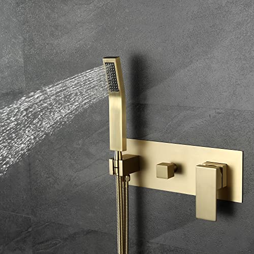 Sistema de ducha de lluvia SUMERAIN en acabado dorado cepillado con ducha de mano y válvula mezcladora equilibrada por presión | Válvula mezcladora antiscald para ducha, cabeza de ducha de lluvia de 8 pulgadas, válvula de empotrar de latón miniatura 5