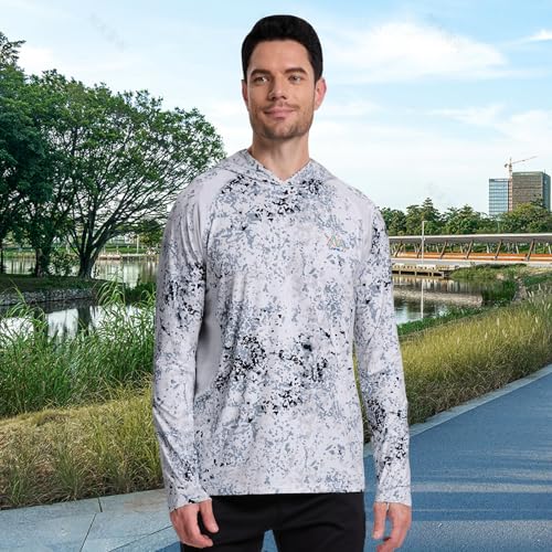 Image of Men's UPF 50+ Hoodie Shirt Long Sleeve Permanent UV Sun Protection Vented Tee Performance for Outdoor Hiking Fishing