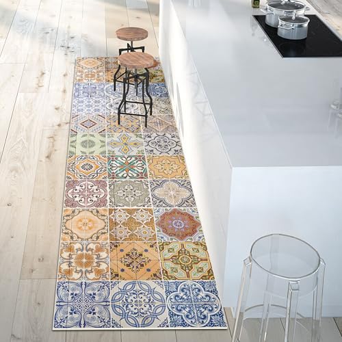 CREARREDA Tapis de Cuisine en Vinyle Antidérapant et Lavable, 100% Fabriqué en Italie, Rectangulaire Printemps Tile Carpet