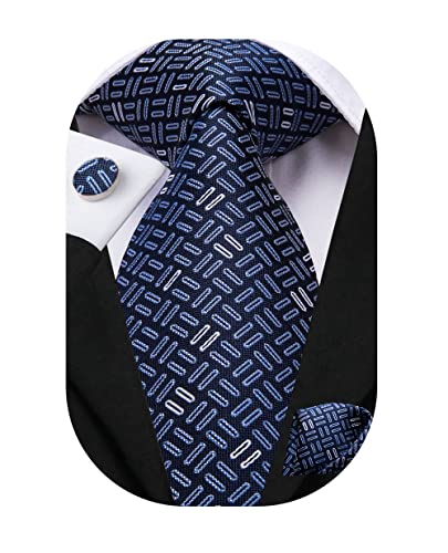 Dubulle Men's Woven Paisley Stripes Neckties Pocket Square Cufflinks Business Wedding Tie Sets, Blues Novelty, M