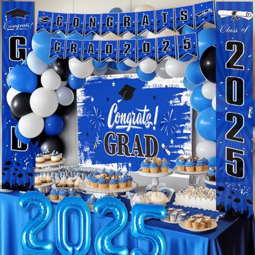 Image of Blue Graduation Decorations 2025, Grad Party Decorations, Class of 2025 Backdrop, Banner, Balloons and Porch Sign for High School & College Celebrations