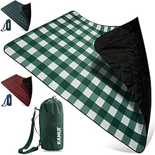 KAMUI Outdoor Waterproof Blanket - Machine Washable Picnic Blanket, Waterproof & Windproof Backing, Shoulder/Hand Strap Great for Festival, Park, Camping, Beach, Stadium Blanket 201X140cm Green White