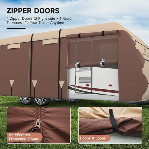 Image of VINPATIO RV Cover, Oxford Fabric Travel Trailer Cover, Toy Hauler Cover Fits 35'-38' RV Heavy Duty 600D Ripstop Anti-UV Waterproof Windproof Camper Cover with Tongue Jack Cover, Extra Ropes