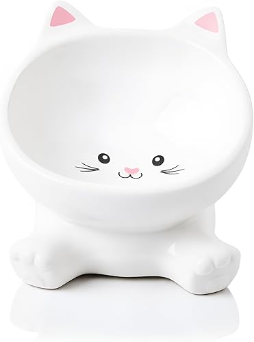 Cuencos elevados para gatos, cuenco elevado de cerámica para comida para gatos para fatiga de bigotes, cuenco inclinado de comida para gatitos y