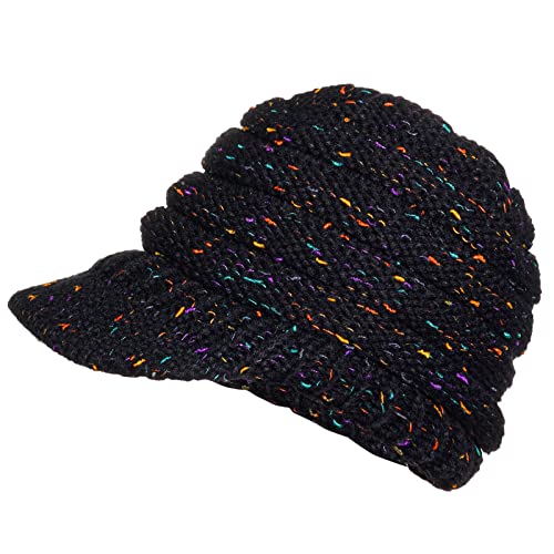 Miayon Knit Newsboy Cap Beanie Skull Hat with Brim Cable Knit Windproof Hats Autumn Winter Warm Knit Cap for Women Black