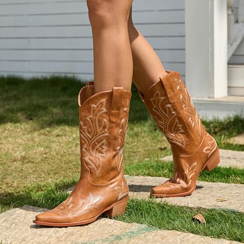 Image of Cowboy Boots for Women - Embroidered Western Cowgirl Boots with Fashion Snip Toe, 1.75-Inch Low Block Heel and All-Day Comfort Fit