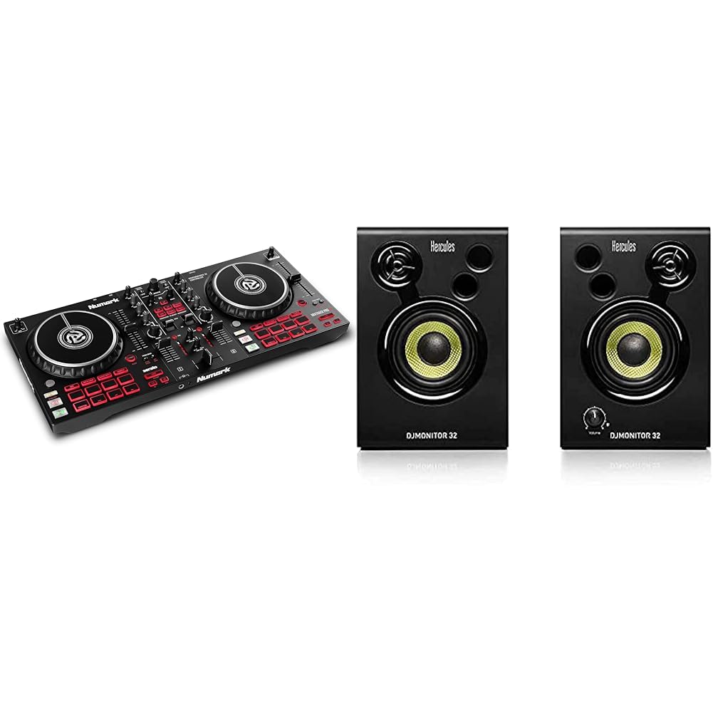 Numark Mixtrack Pro FX - Controlador DJ de 2 secciones para Serato DJ con mezclador DJ & Hercules DJMonitor 32-2 altavoces activos de monitorización de 15 vatios RMS